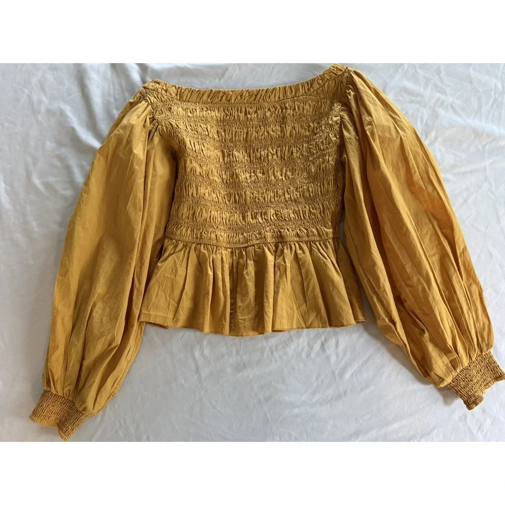 Free People Whoa Ruffle Top blouse mustard yellow XS 100% Cotton Boho Romantic